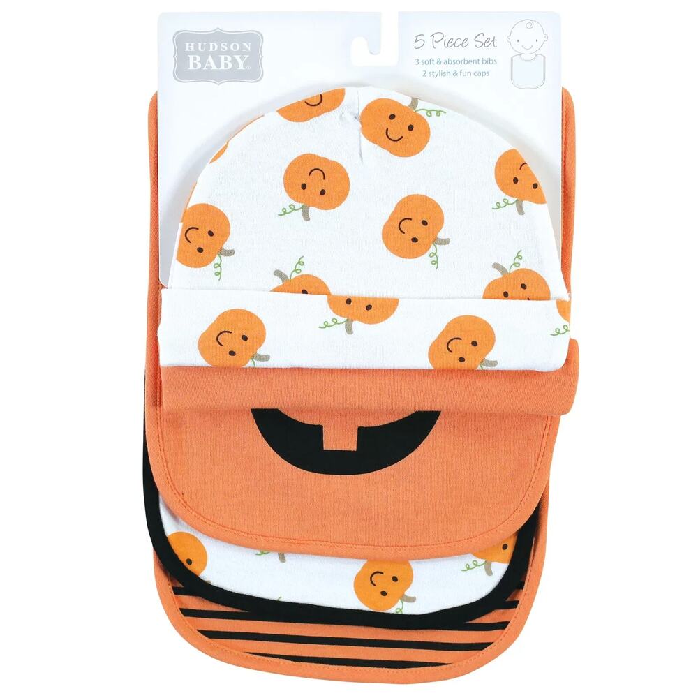 Hudson Baby Unisex Baby Cotton Bib & Headband or Caps Set Pumpkin One Size 0-6M - Picture 11 of 12